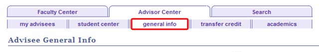 View of Advisee General Info screen's navigation tab menu as it appears on the top of the screen.
